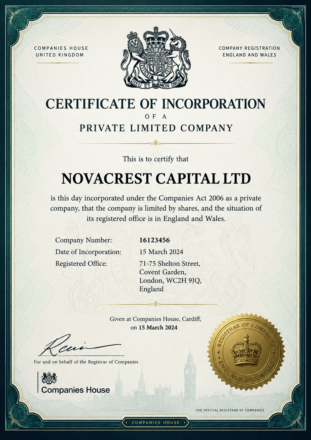 Novacrest Capital corporate certificate